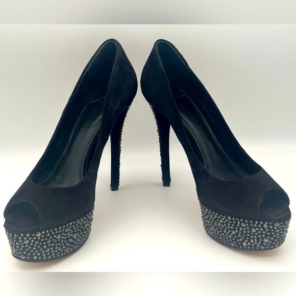 Brian Atwood - Black Suede Bea Crystal Studded Platform Pumps - Size 8.5 - Picture 3 of 9